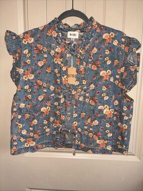 BiBi Blue Floral Ruffle Tie-Front Vest